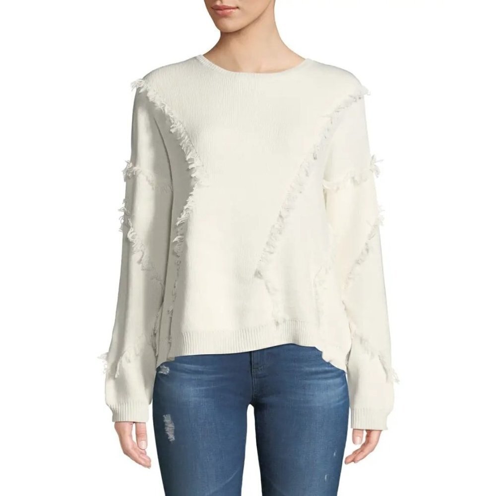 ATM Anthony Thomas Melillo Women's Wool Blend Fringed Sweater Ivory White Size S